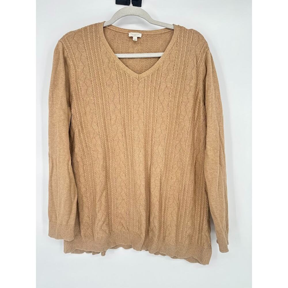 Talbots Sweater Women Plus 1X Tan Cable Knit Fisherman Minimalist Neutral Preppy